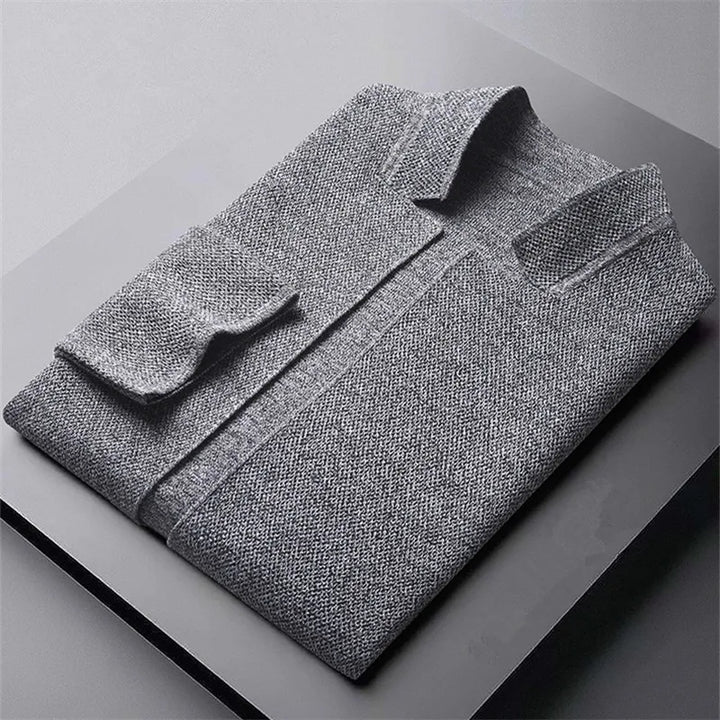 Men's knit jacket in khaki with a stand collar and button front closure, textured outerwear