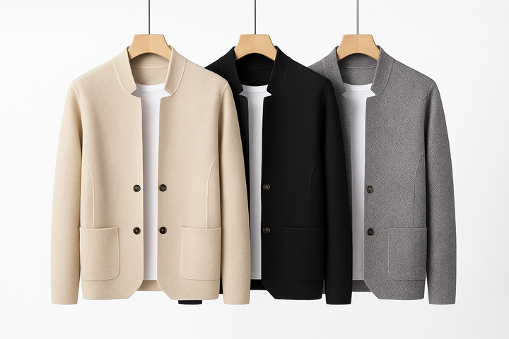 Detail of the stand collar and button-front closure on a men's structured knit jacket