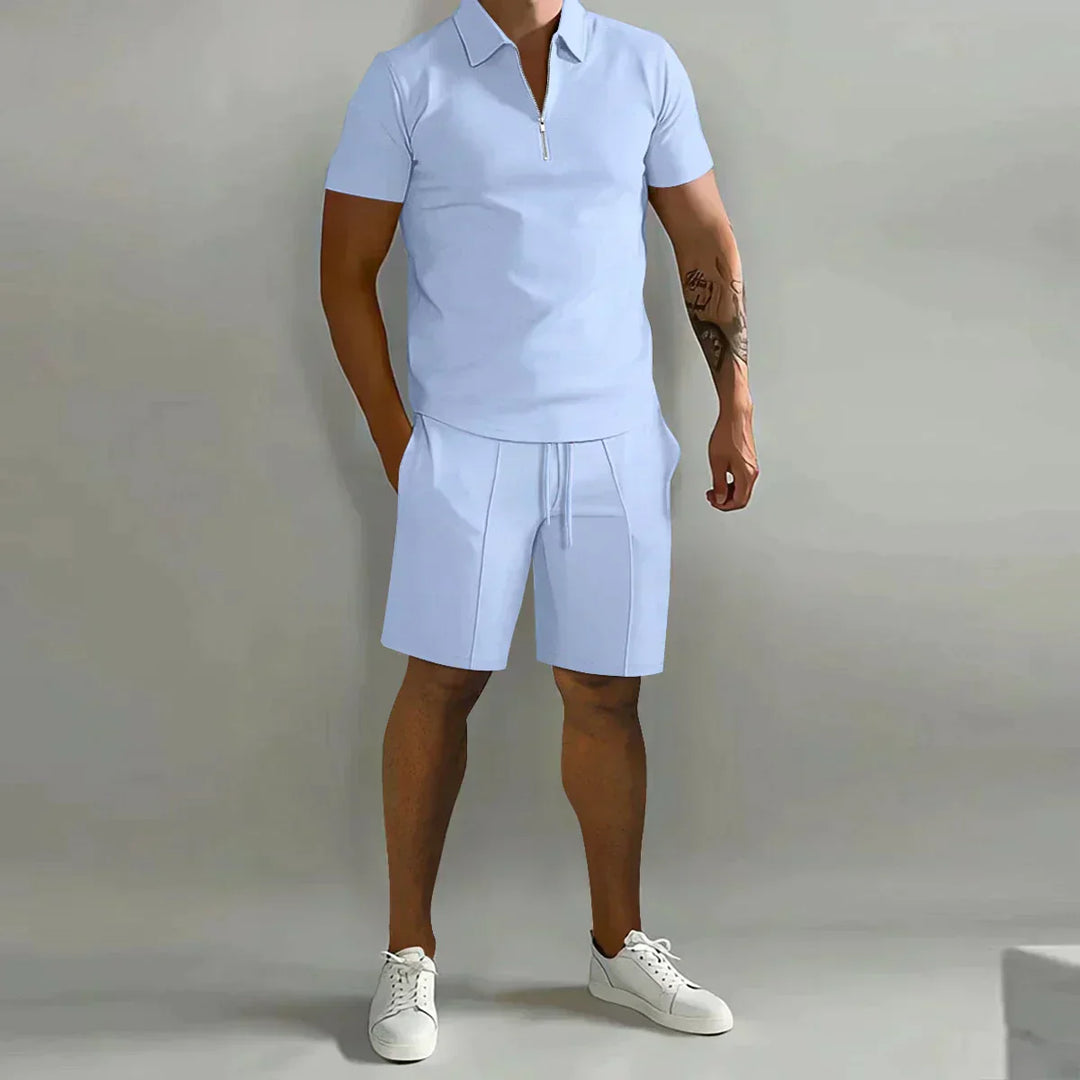 Comfortable men's summer 2-piece set with ribbed zip polo shirt & drawstring shorts.