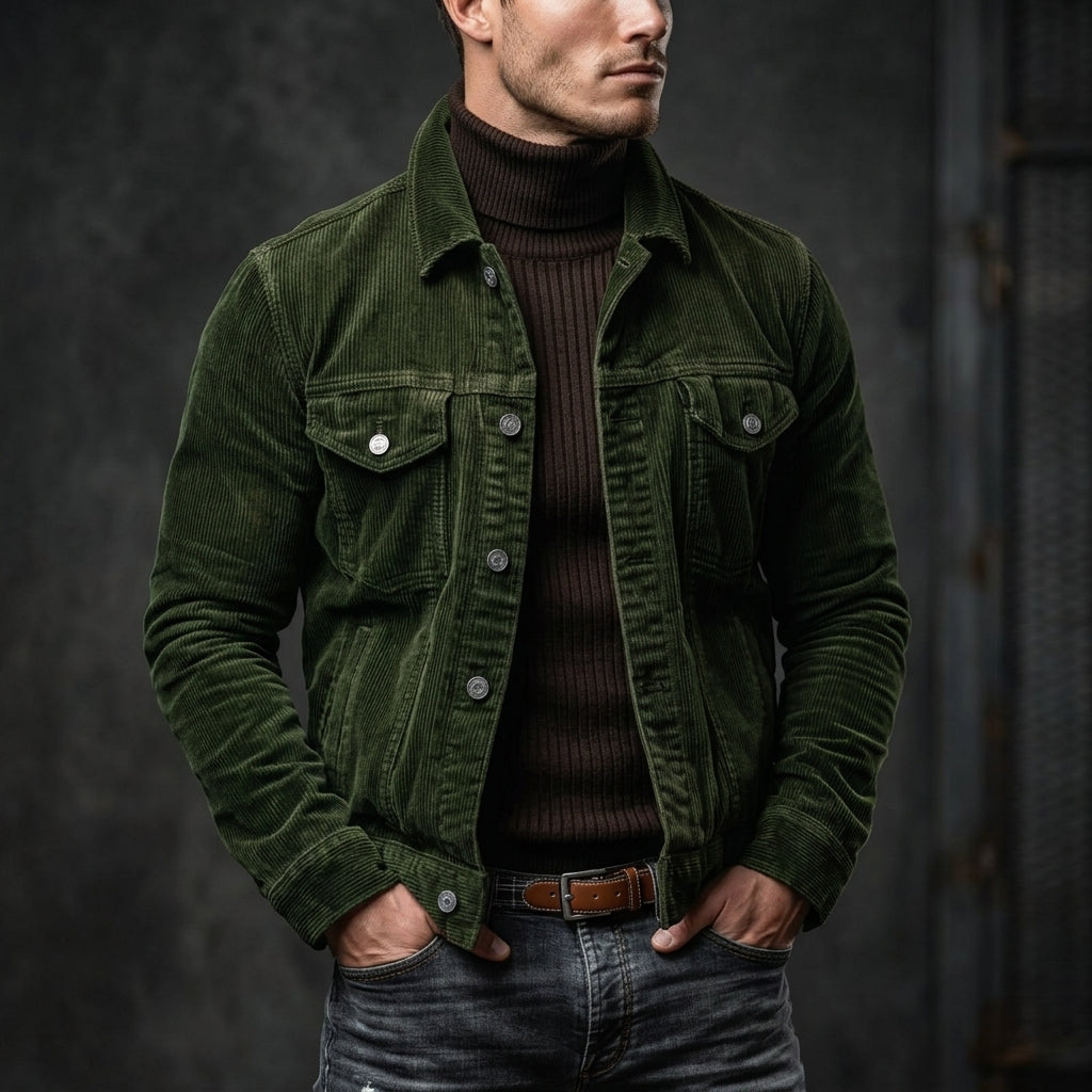 Stylish men's striped autumn-winter jacket, offering a classic turn-down collar and versatile casual look.