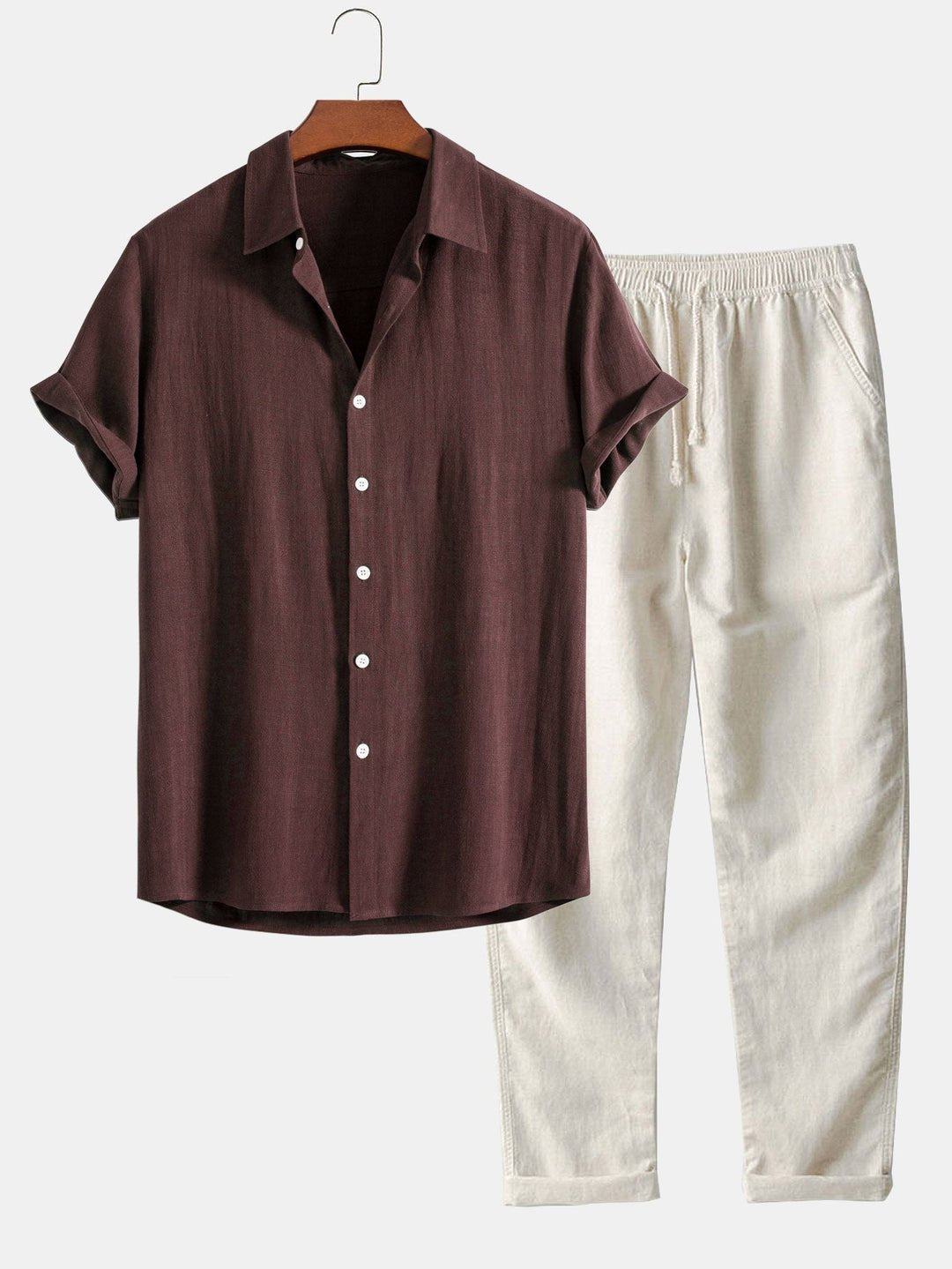 Stylish men's band collar shirt and matching trousers, perfect for smart casual summer outfits.