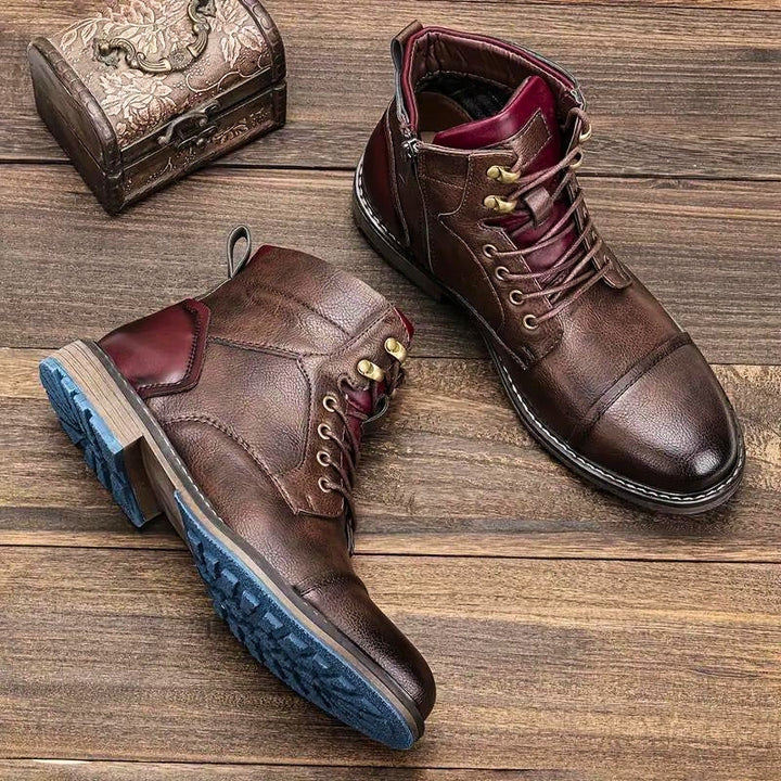 Side view of men's elegant brown lace-up ankle boots, highlighting cap toe and comfort.