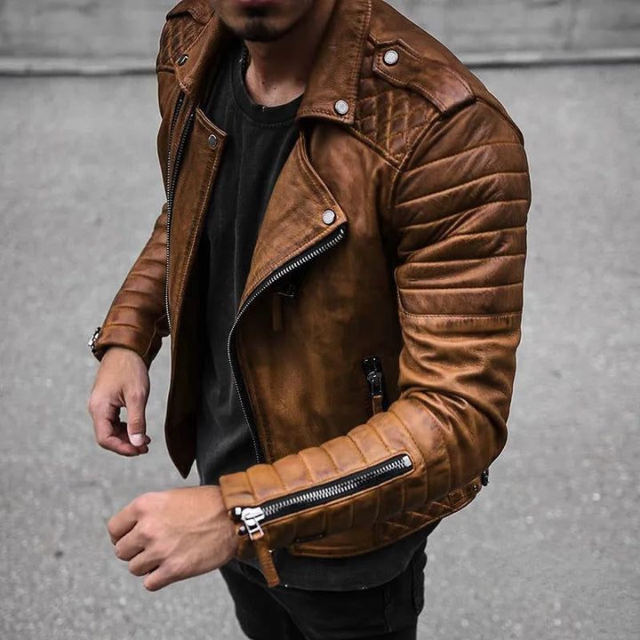 Men's stylish brown moto zip-up jacket, biker style outerwear for casual fashion