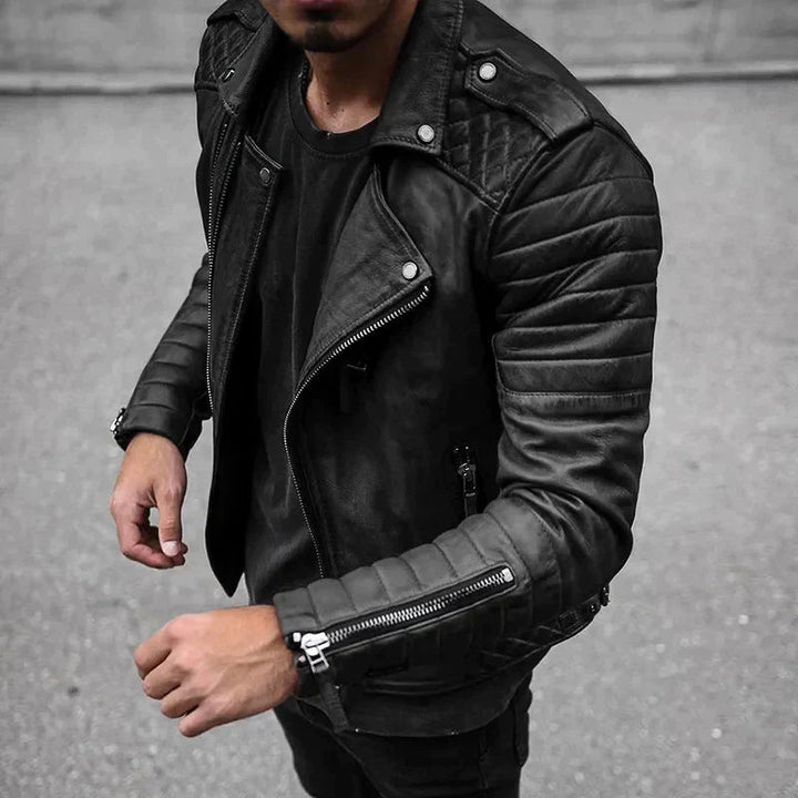Black men's moto jacket with zip-up closure, perfect biker style outerwear for men