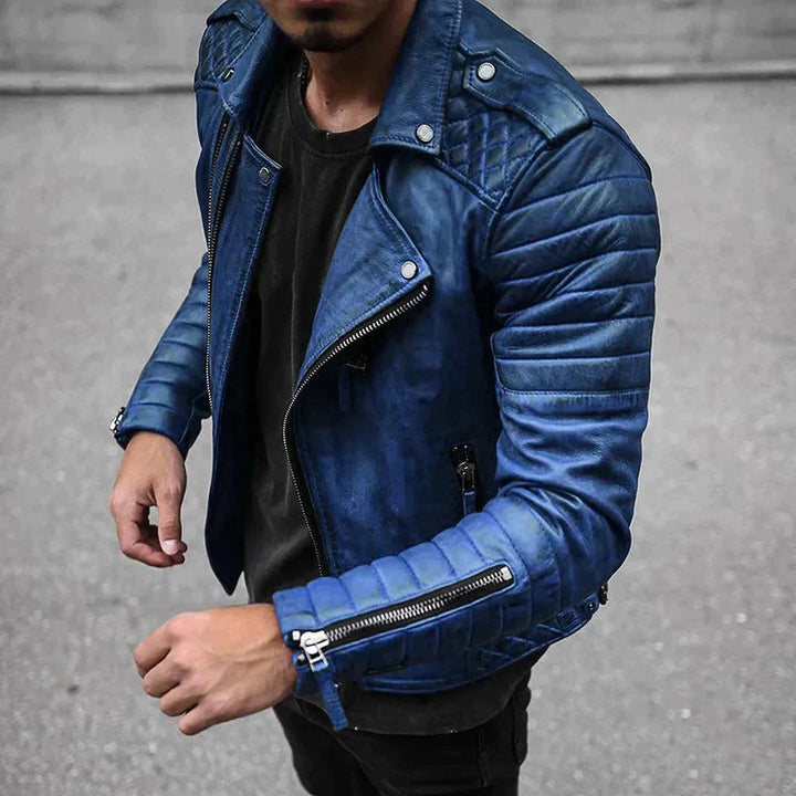 Red men's stylish moto zip-up jacket, a bold biker style fashion outerwear piece