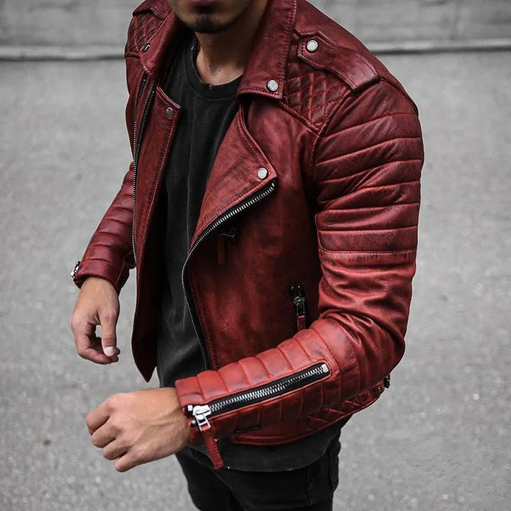 Blue men's zip-up moto jacket, casual biker style outerwear perfect for everyday fashion