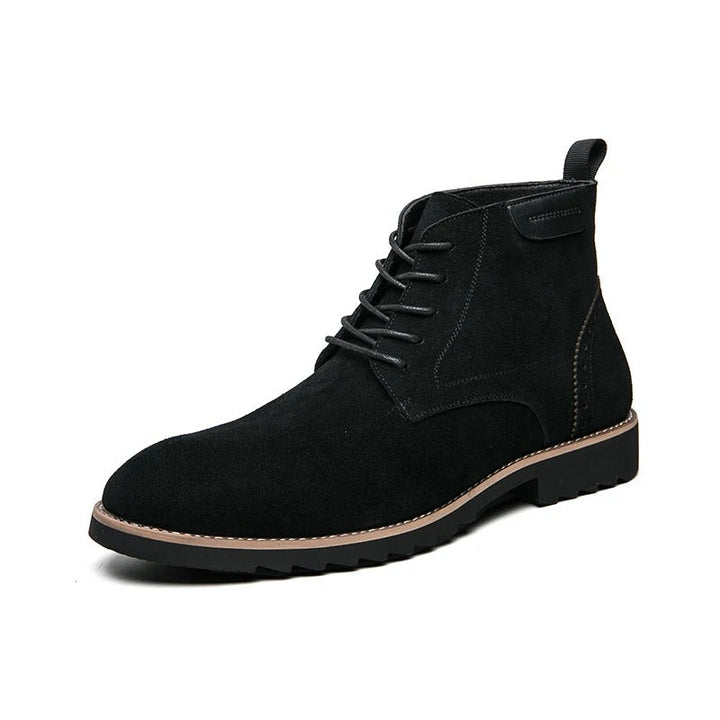 Elegant men's dark brown suede dress boots, offering a sophisticated and comfortable fit