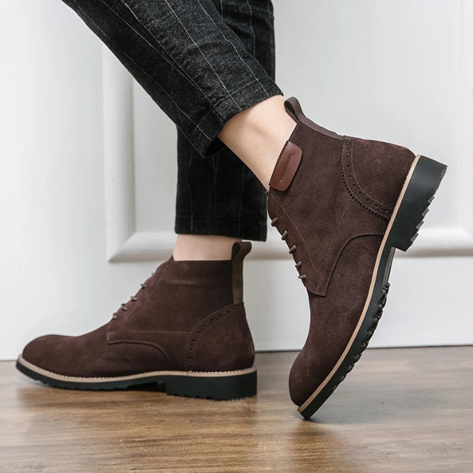 High-top men's suede boots in a rich tan color, offering both style and comfort