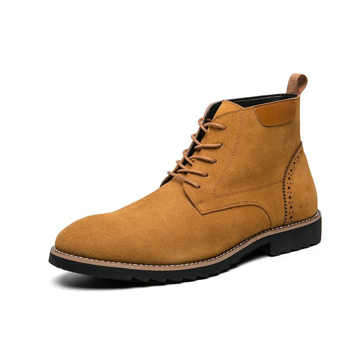 Front view of men's smart casual brown suede boots, a key piece for fall fashion