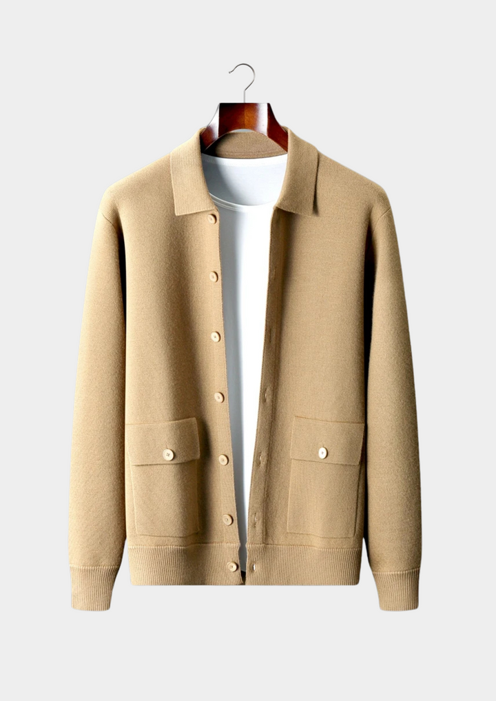 Men's stylish button-up cardigan with patch pockets, perfect for smart casual layering.