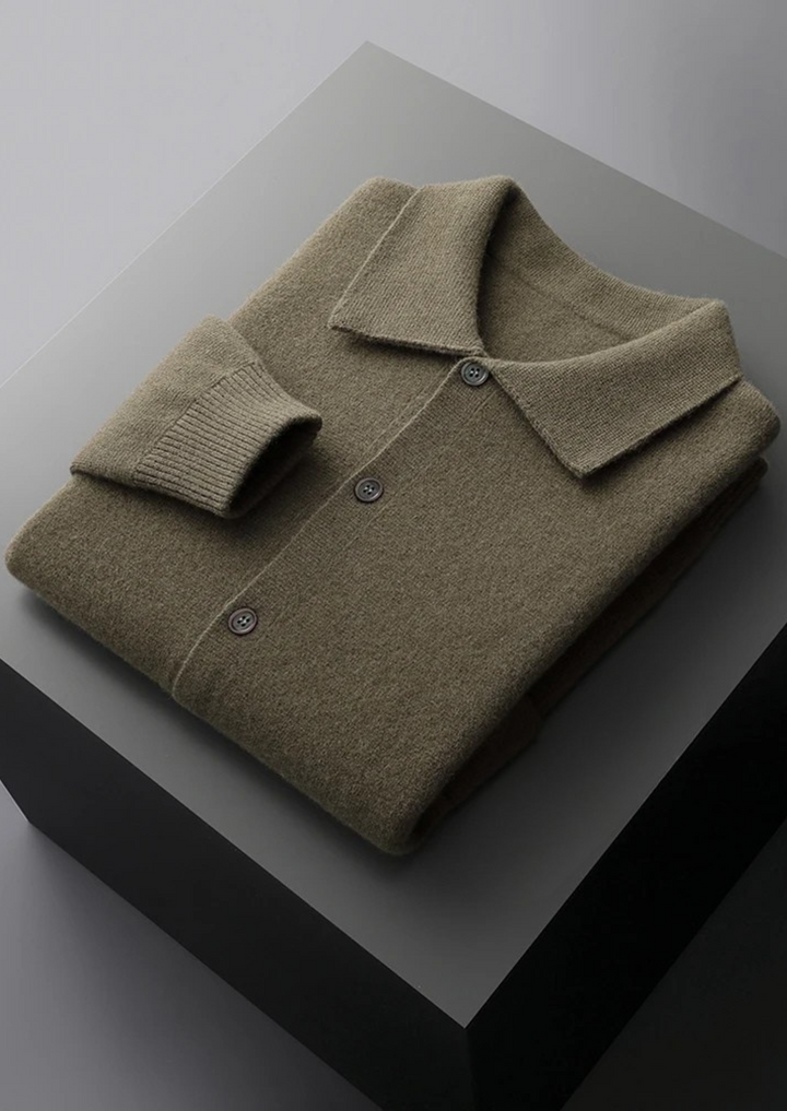Stylish men's cardigan, button-up front, with patch pockets for a fashionable layering or outerwear look.
