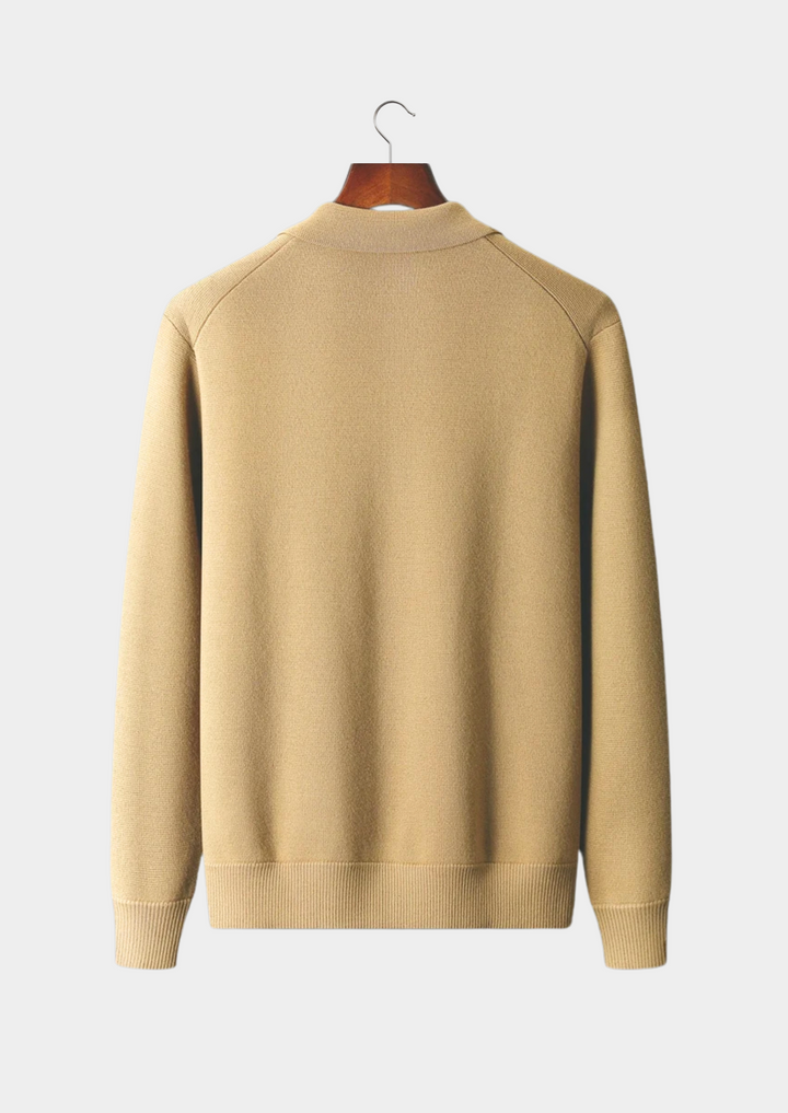 Ribbed knit men's cardigan, button-up style, featuring practical patch pockets for casual wear.