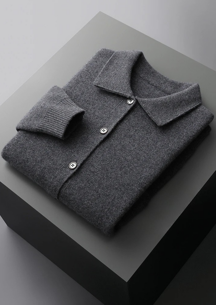 Ribbed men's button-up cardigan with distinct patch pockets, perfect outerwear for smart casual fashion.