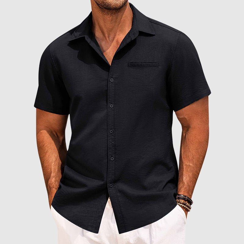Versatile men's summer short sleeve button-down shirt, offering comfortable, stylish wear for any casual occasion.