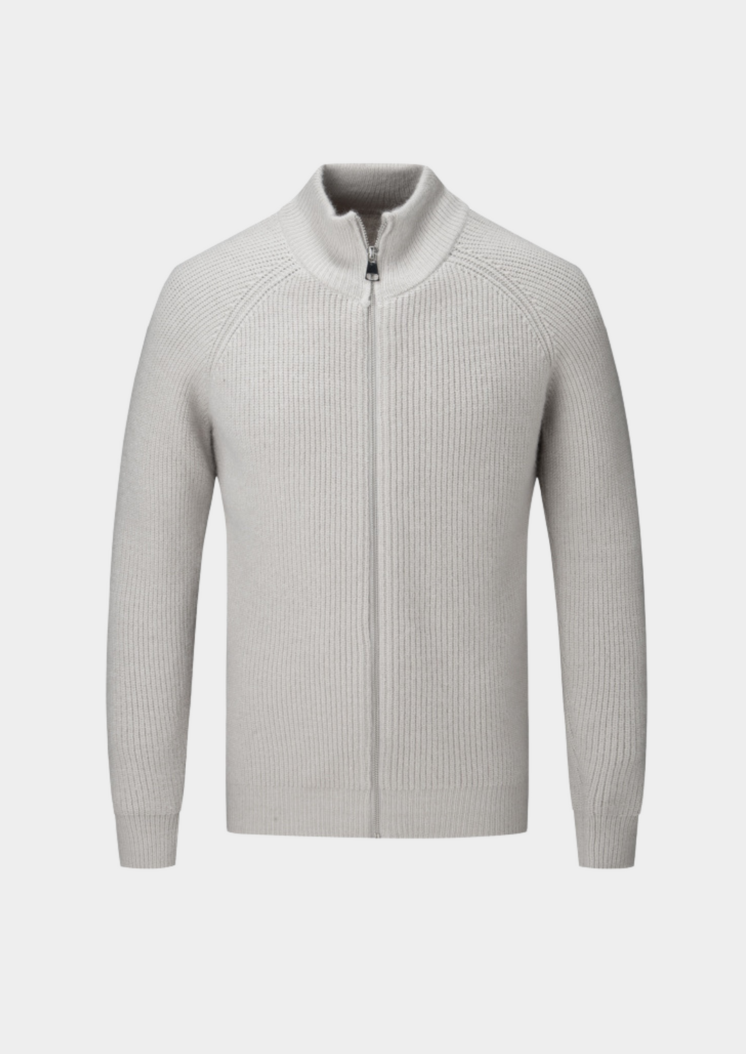 Men's stylish funnel neck zip-up sweater. Versatile casual layering cardigan jacket.
