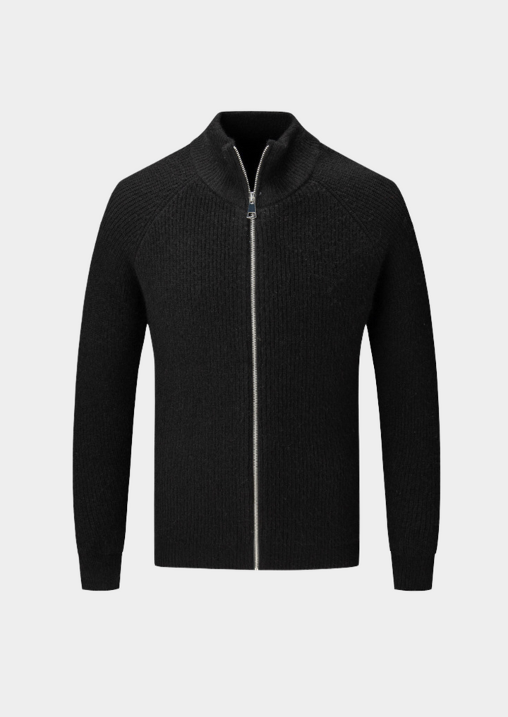 Modern men's funnel neck zip-up sweater. Stylish all-season casual layering cardigan jacket.