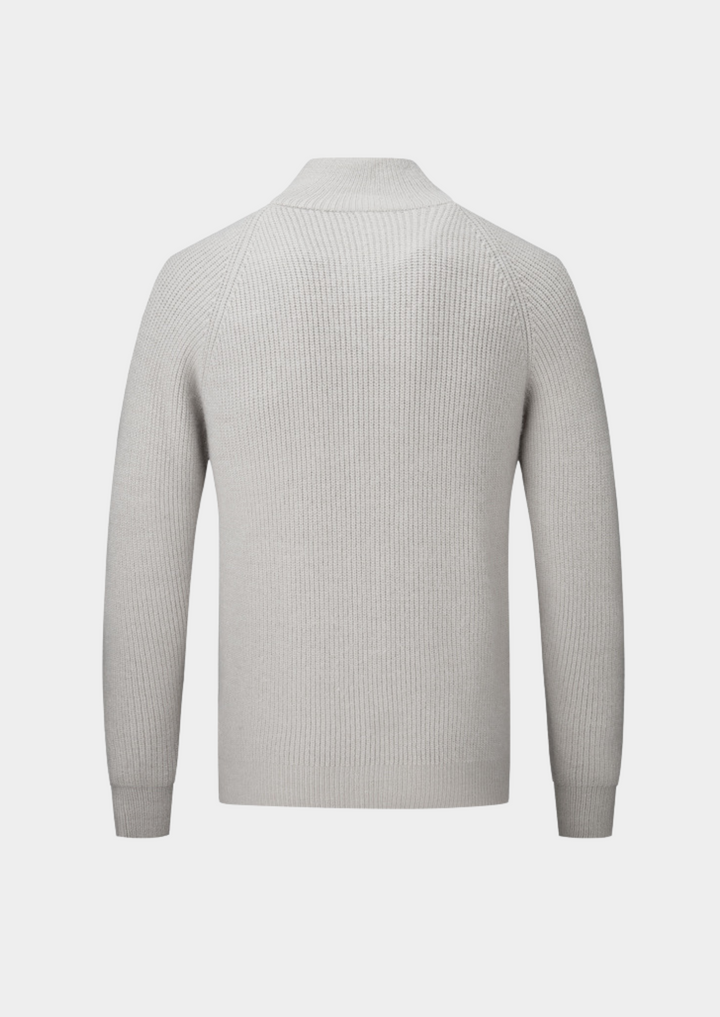 Stylish men's funnel neck zip-up sweater, perfect for smart casual layering. All-season menswear cardigan.