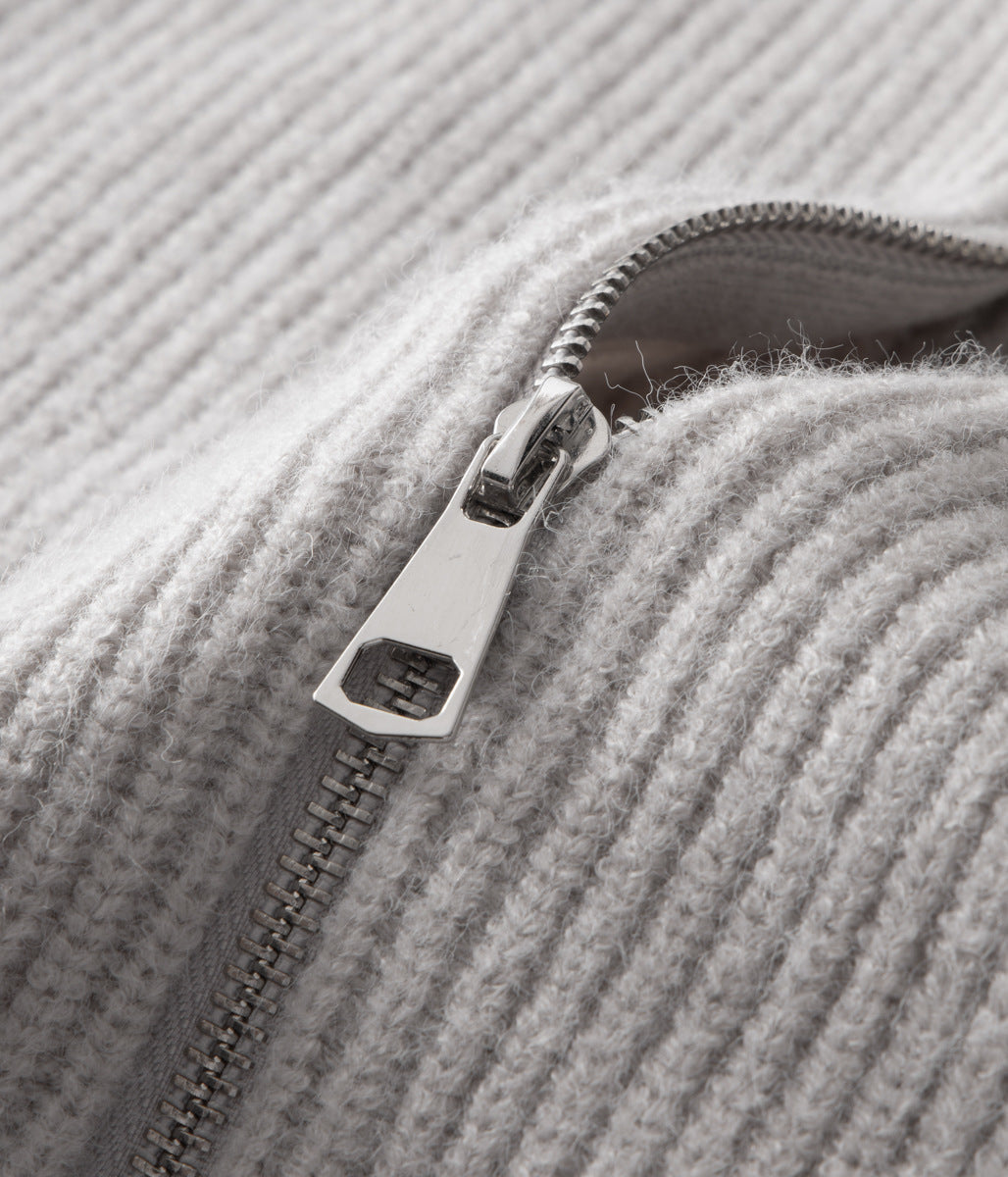 Comfortable men's funnel neck zip-up sweater. Soft, stylish cardigan for versatile casual layering.