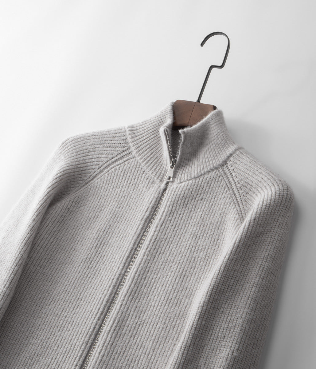 Back of men's stylish funnel neck zip-up sweater. Versatile casual layering outerwear for men.
