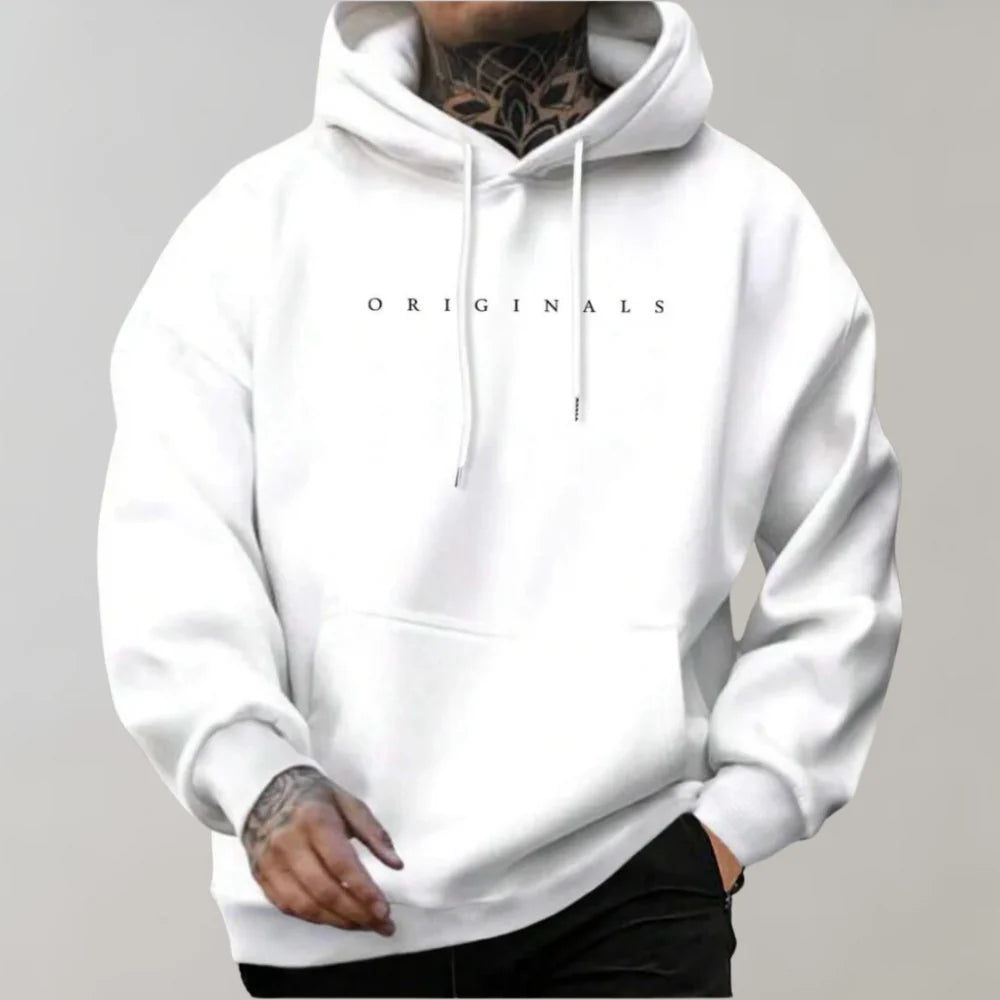 New men's long-sleeve oversized hooded sweatshirt, a comfortable pullover with an adjustable hood for casual style.