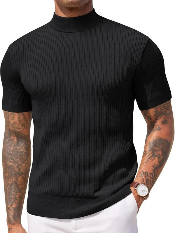 Cotton blend men's short sleeve top featuring a ribbed texture and a modern mock neck design.