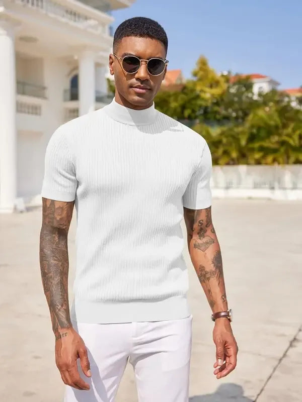 Fashionable men's knit mock neck top, short sleeve, with a distinctive ribbed pattern, summer ready.