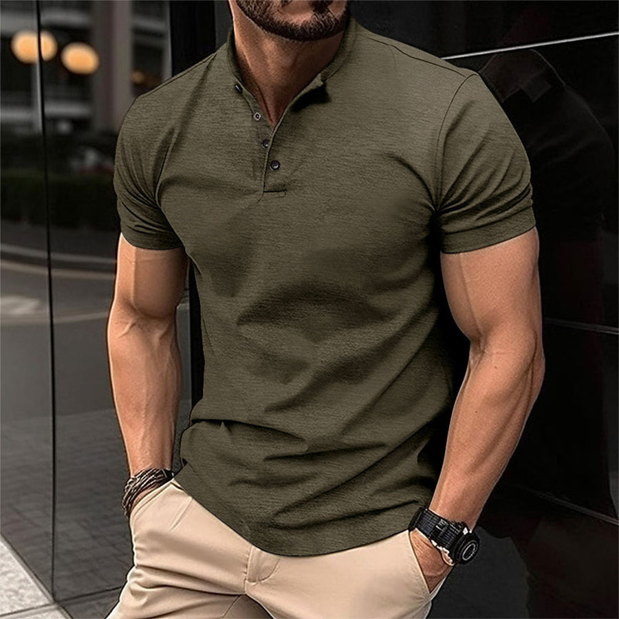 Men's stylish short sleeve Henley polo shirt. Casual, comfortable, perfect for spring/summer fashion.