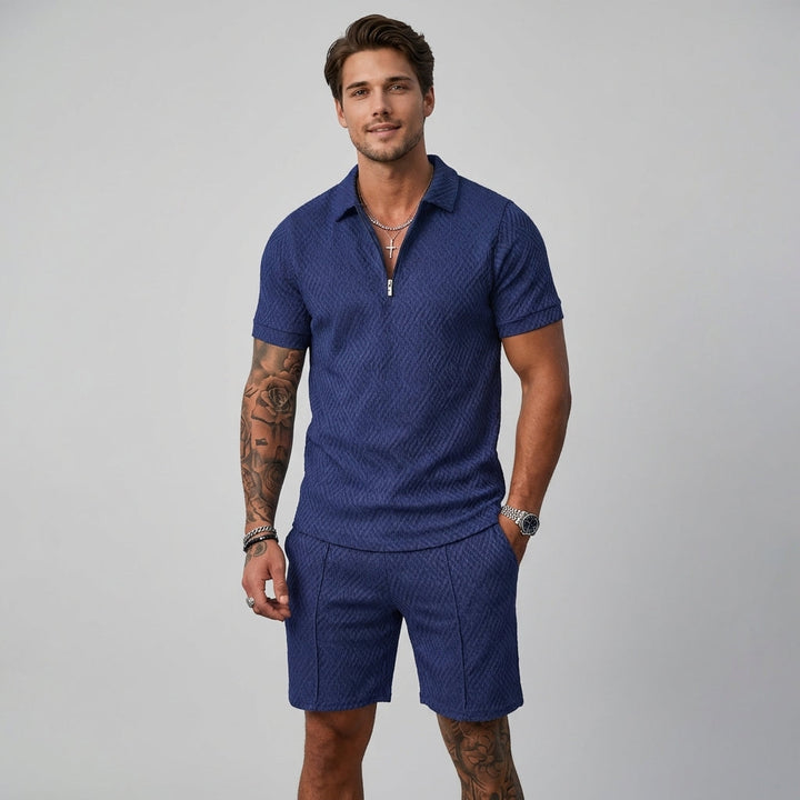 Men's stylish summer polo shirt & shorts matching set. Effortless comfort for casual wear or vacation outfits.