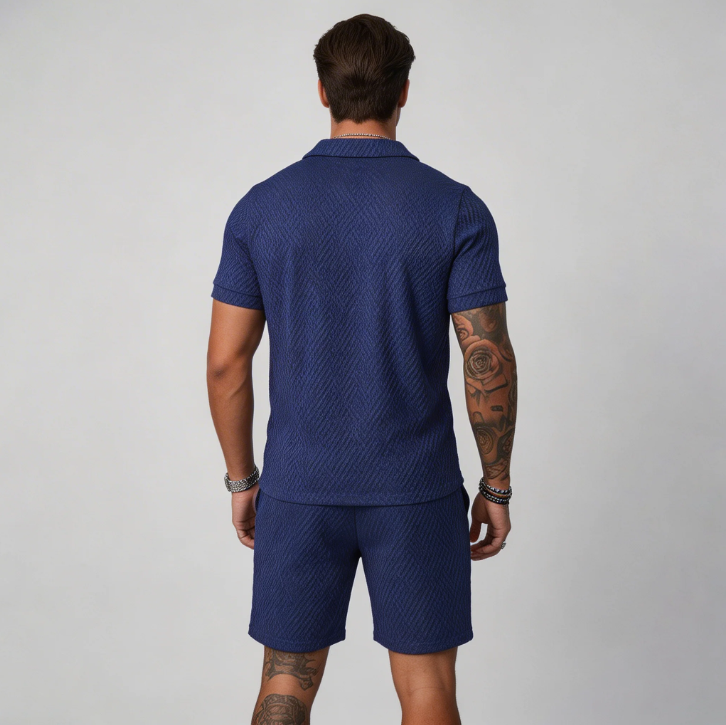 Breathable men's summer fashion polo shirt & shorts set. Ideal for warm weather, spring outfits & comfort style.