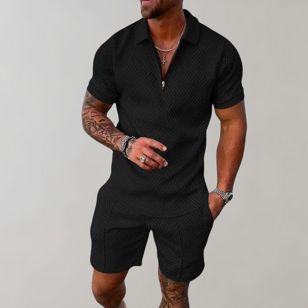 Detail of comfortable men's shorts from a fashionable summer polo shirt & shorts matching set. Casual wear.