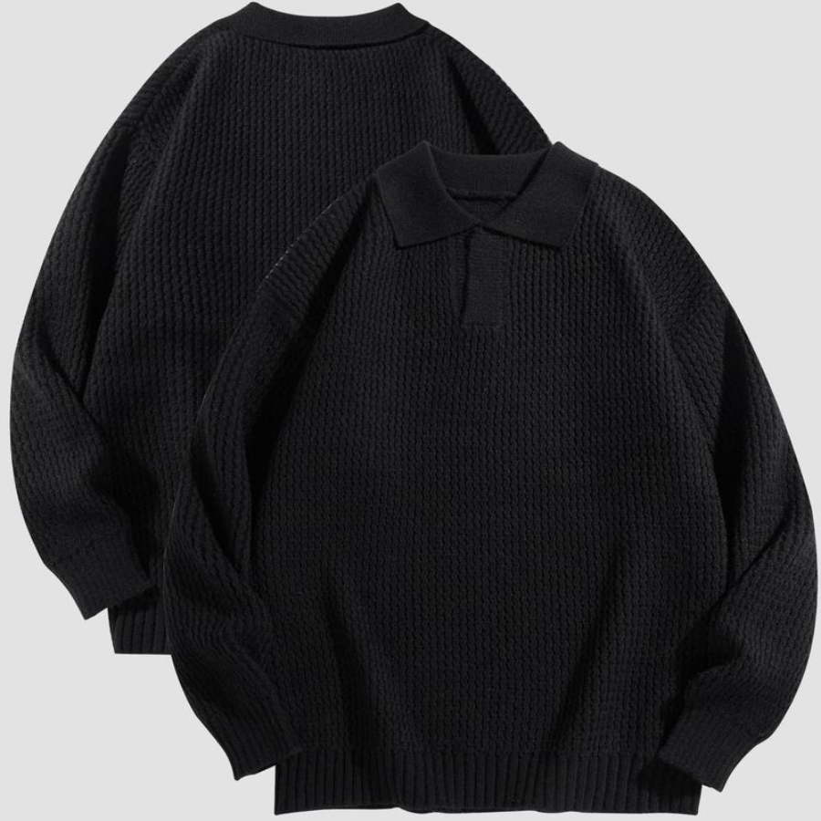 Closeup of the texture of a men's comfortable waffle knit collared shirt.