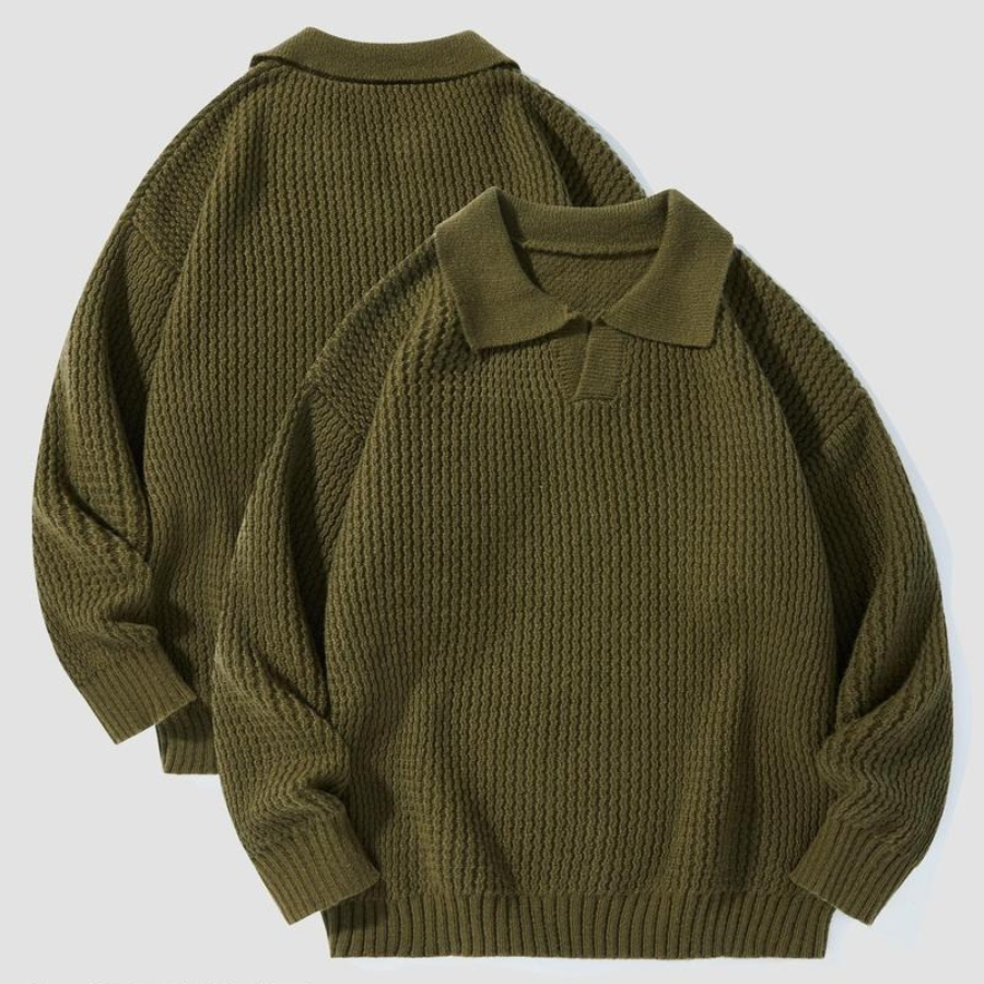 Detail of the collar and buttons on a men's comfortable waffle knit long-sleeve shirt.