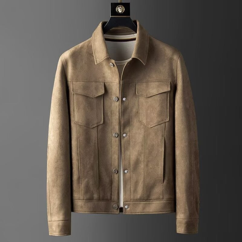 Men's suede button-front jacket in a classic casual style, perfect for outerwear fashion.