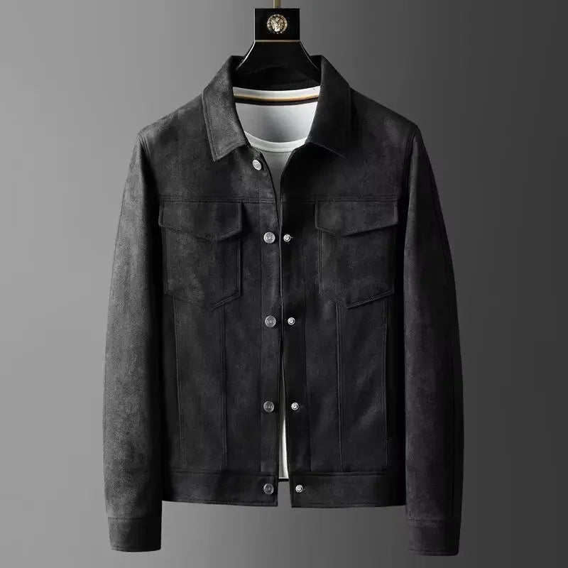 Fashionable men's suede jacket with a button-front closure, ideal for casual and classic looks.