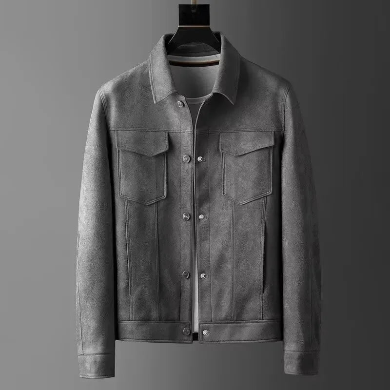 Stylish men's suede outerwear, a button-front jacket showcasing rich texture and design.