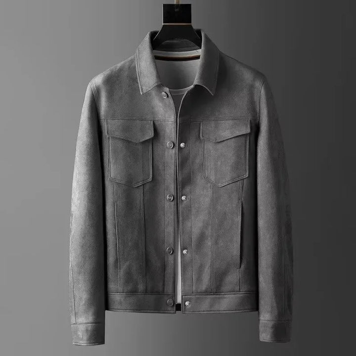 Stylish men's suede outerwear, a button-front jacket showcasing rich texture and design.