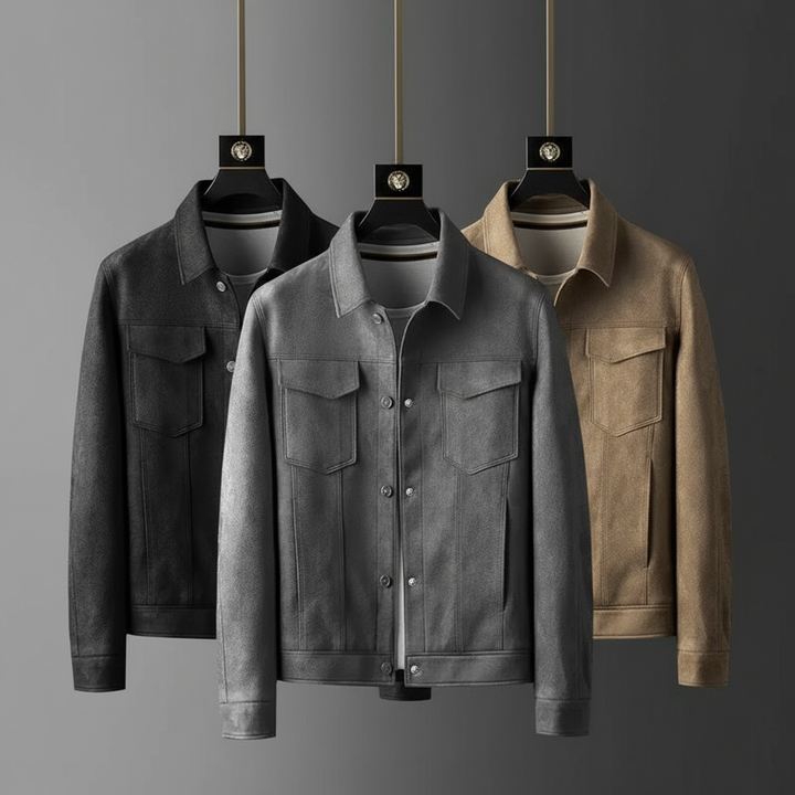 Full view of a men's classic suede button-front jacket, an essential piece of casual outerwear.