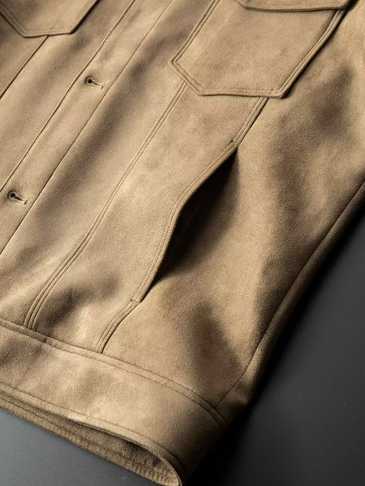Men's fashion jacket: a versatile suede button-front design for contemporary casual wear.