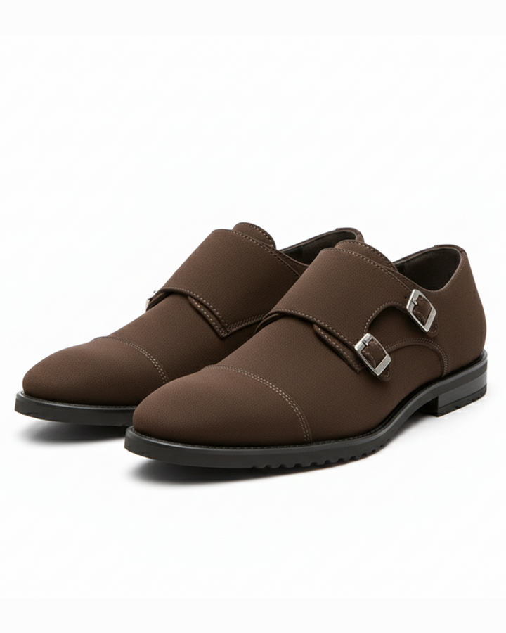 Men's Suede Double Monk Strap Shoes in classic brown, front view, for formal and casual wear.