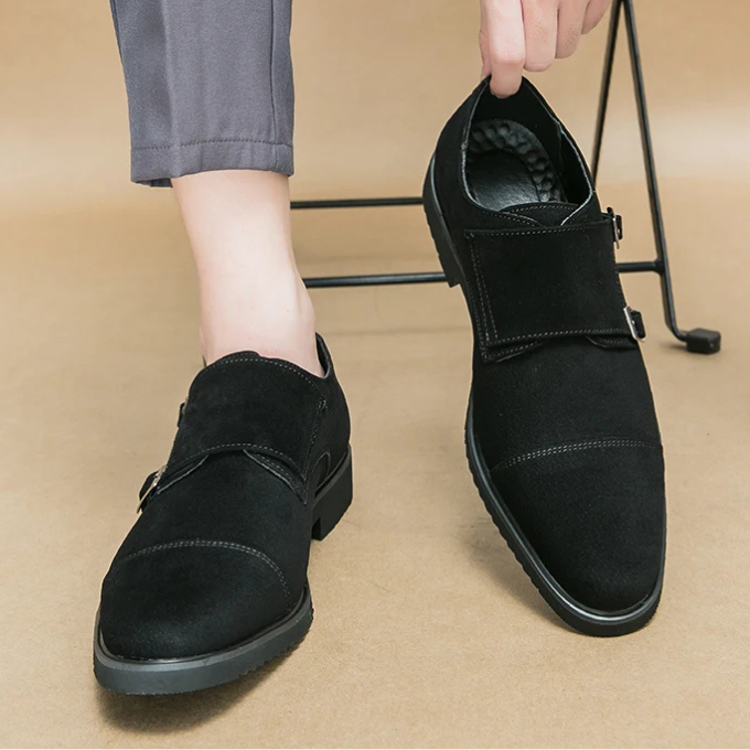 Versatile men's tan suede double monk strap loafers, suitable for office or events.