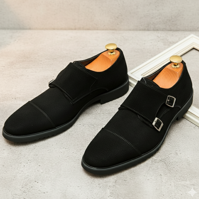 Collection of men's suede double monk strap shoes in various colors for stylish men.