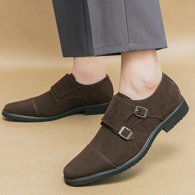 Stylish men's grey suede double monk strap shoes, perfect for dressy casual outfits.