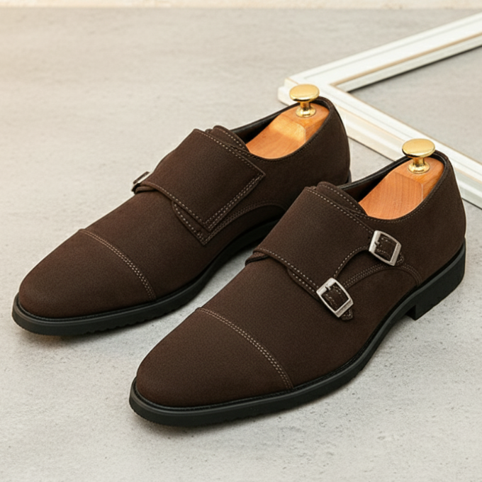 Overhead view of men's brown suede monk strap shoes with two distinct buckles.