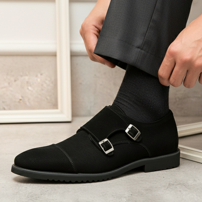 Man wearing men's suede double monk strap shoes with tailored trousers, full view.