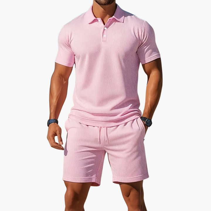 Men's beachwear: a stylish polo shirt and relaxed drawstring shorts leisure set for sunny days.