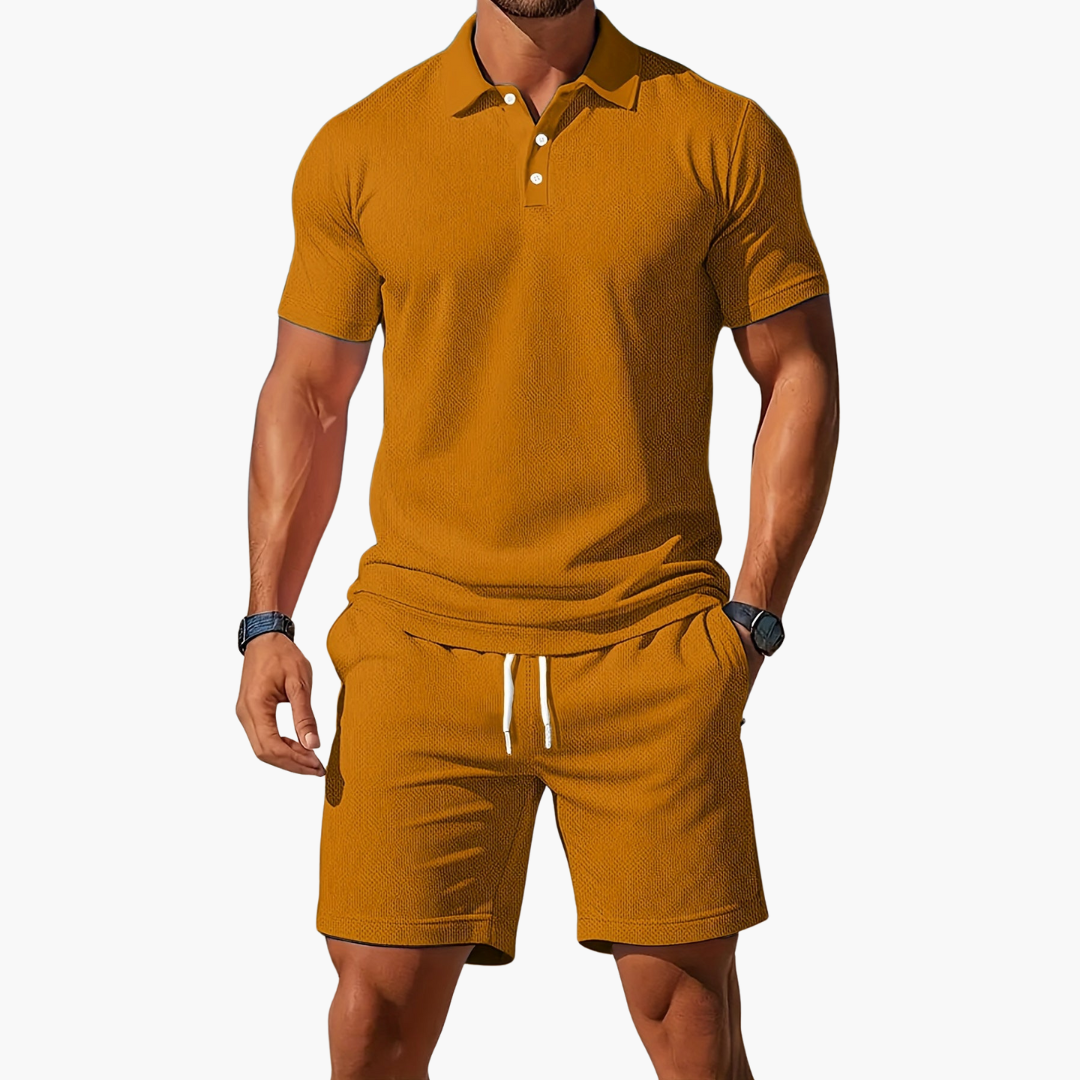 Men's comfortable matching polo shirt & drawstring shorts for everyday casual wear and relaxation.