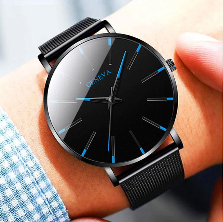 Men's sustainable minimalist watch with a black vegan leather band, quartz movement, and timeless style.