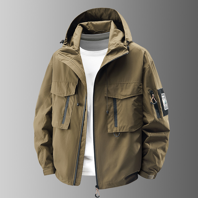 Men's tactical all-weather jacket in forest green, ripstop fabric, ideal for outdoor adventures.