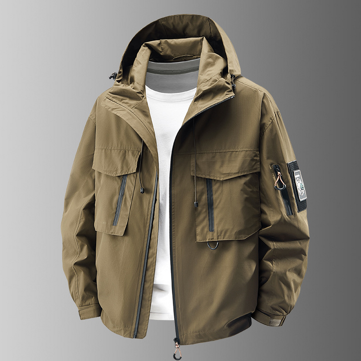 Men's tactical all-weather jacket in forest green, ripstop fabric, ideal for outdoor adventures.