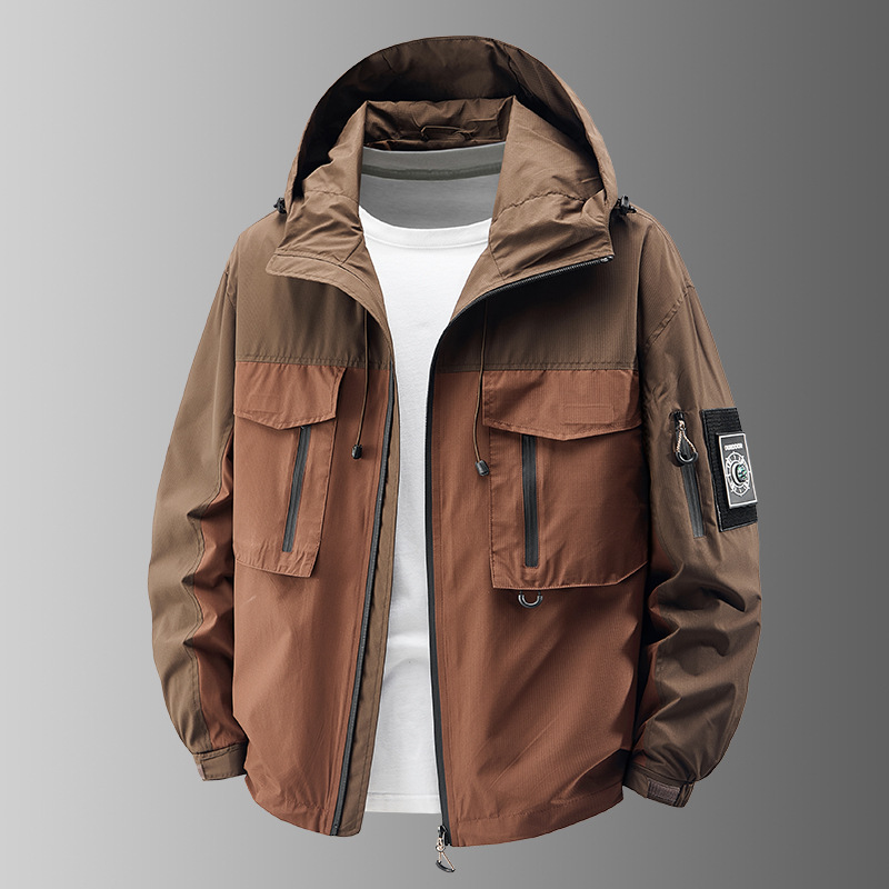 Men's outdoor adventure jacket, khaki, with multiple pockets, designed for rugged all-weather use.
